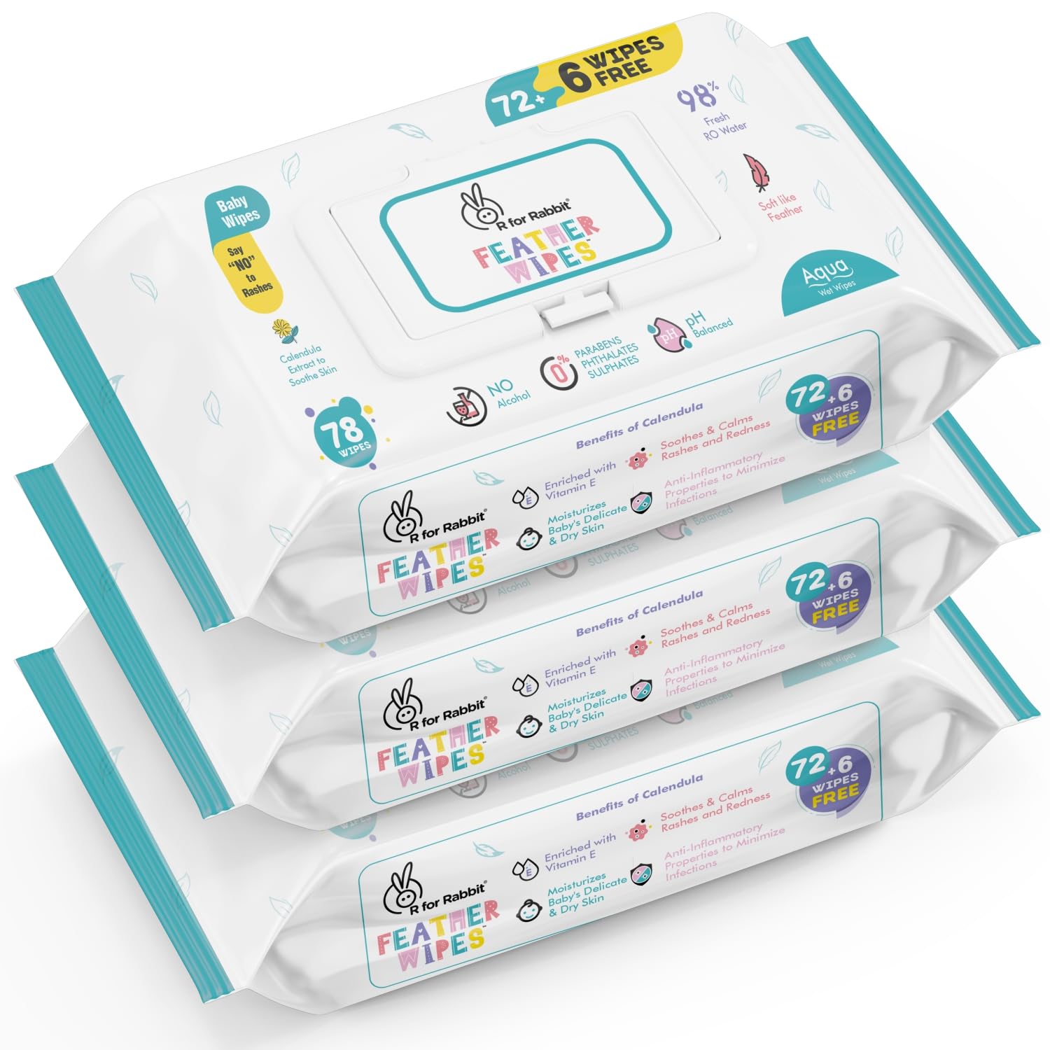 R for Rabbit Feather Aqua Wipes (78 WIPES) Pack of 3