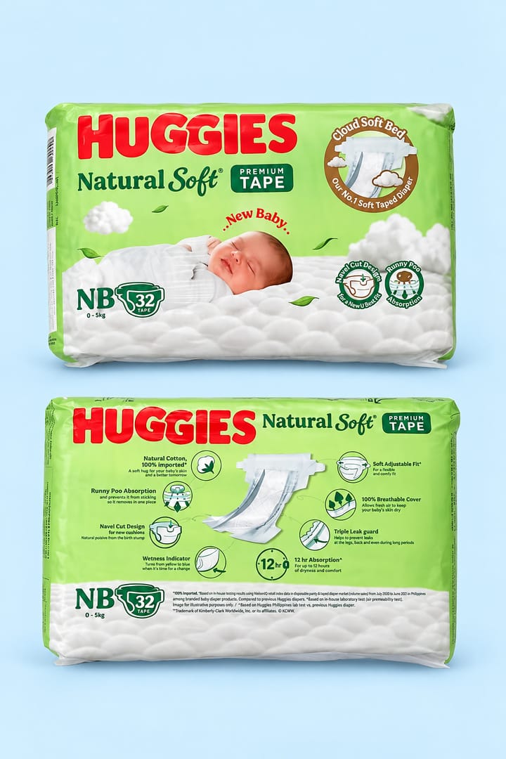 Huggies Natural Soft Newborn Tape Diapers – 32 Pcs