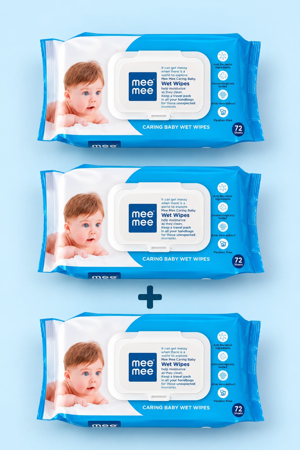 Mee Mee Caring Baby Wet Wipes – 2+1 Combo Offer | 72 Sheets × 3 Packs